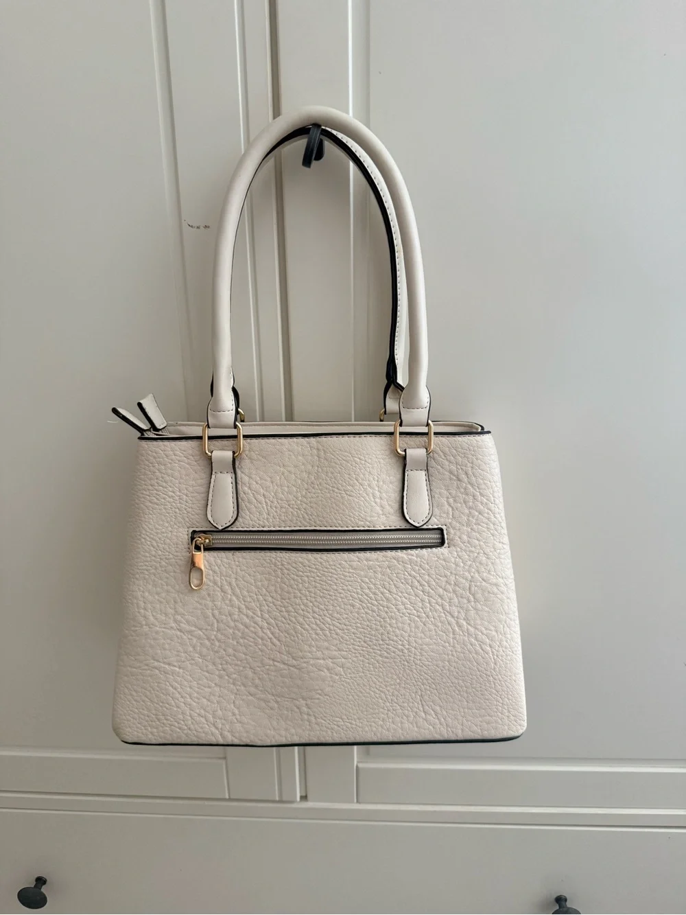 Structured Cream Satchel Handbag with Gold-Tone Accent